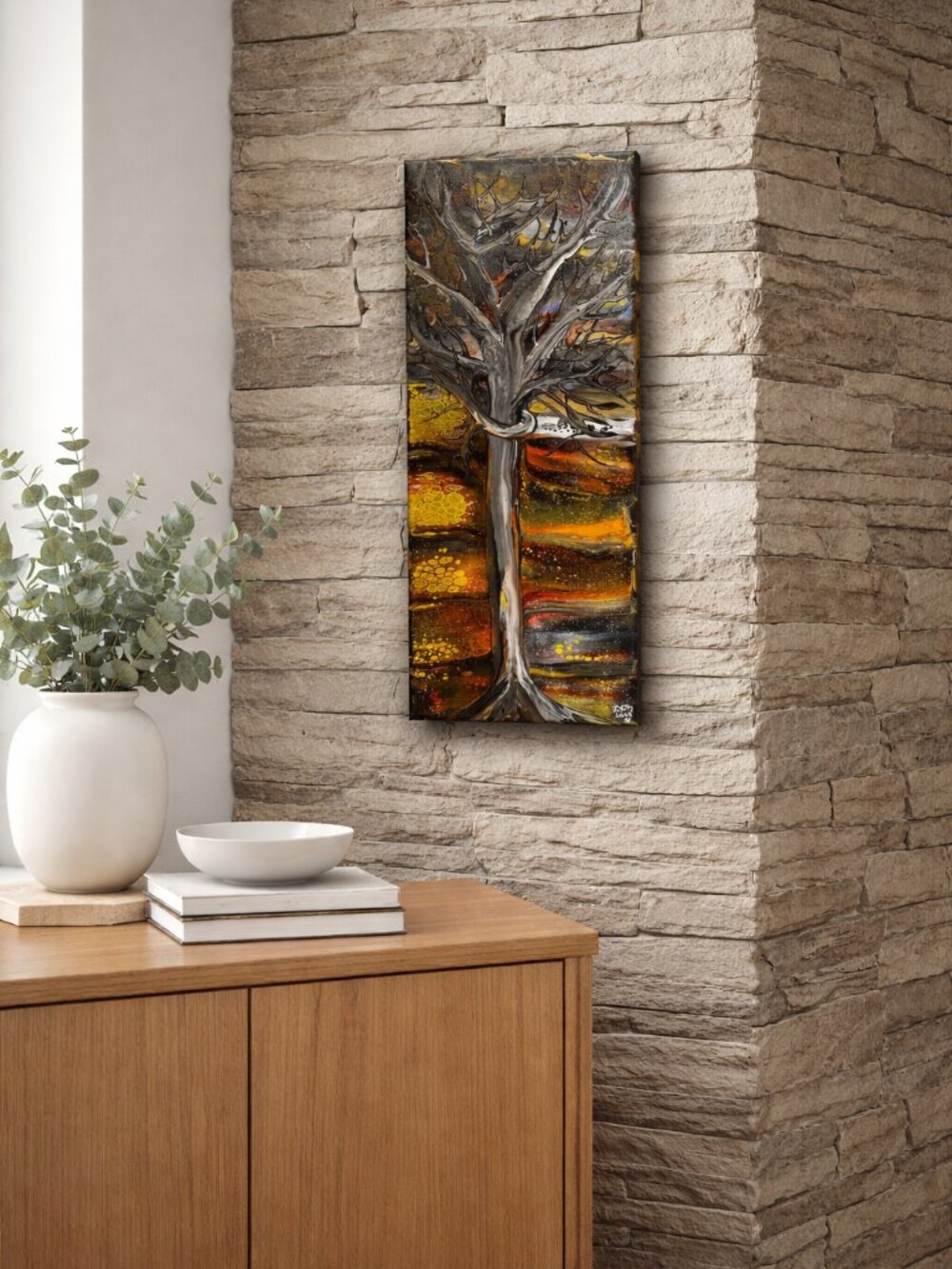 Abstract Tree Of Life Painting Textured Gold Black Modern Wall Art Signed Lam